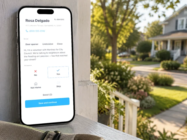 A phone resting on a porch rail in afternoon light, showing the Activate door-response screen with a voter record and a recorded answer.