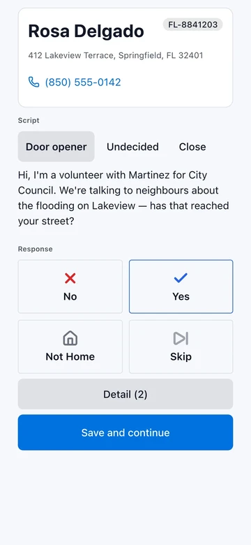 Cropped view of Activate's door-to-door visits screen, showing the conversation script and standard response controls.